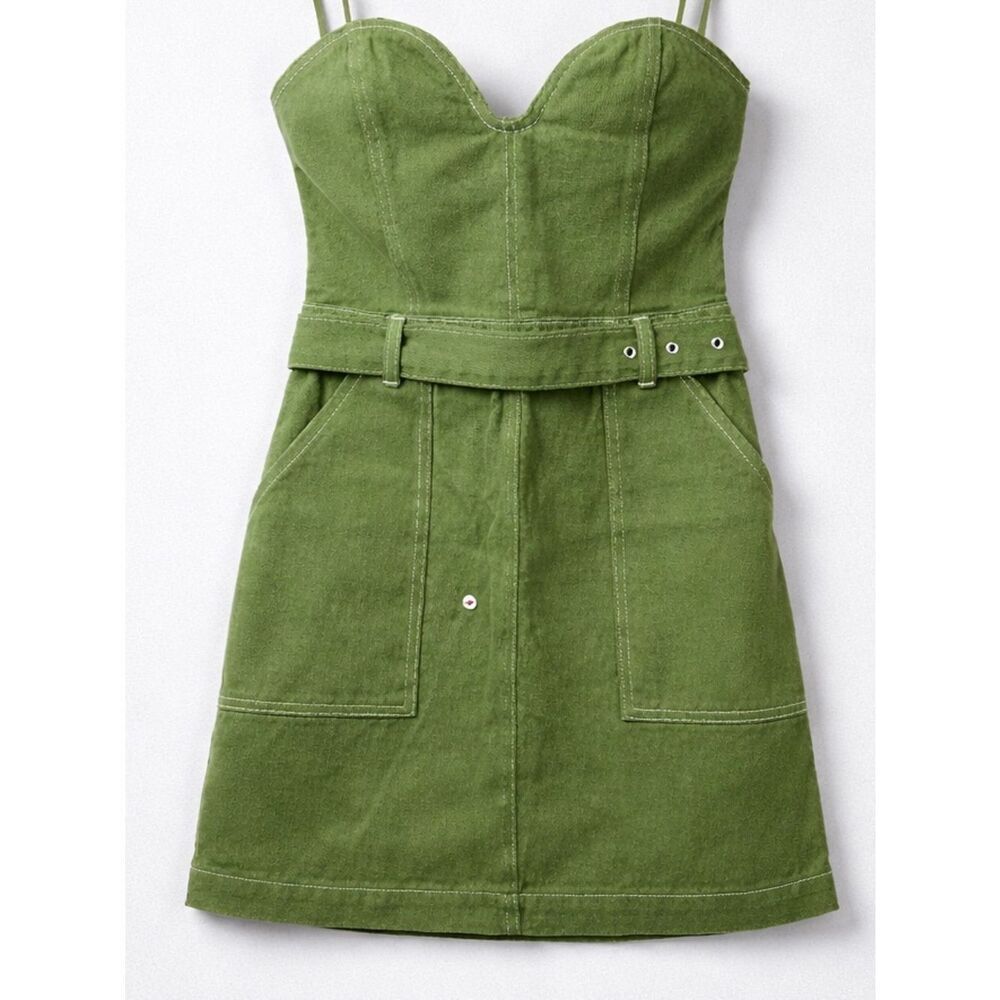 Nasty Gal Green Denim strapless dress with belt size 8